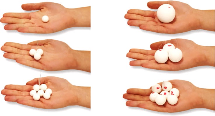 Six small photos of a right hand with palm up. Photo one: one small white ball. Photo two: one big white ball. Photo 3: 3 small white balls. Photo 4: 3 big white balls in a handpalm. Photo 5: 7 small white balls in a hand palm. Photo 6: 7 large white balls in a hand palm.